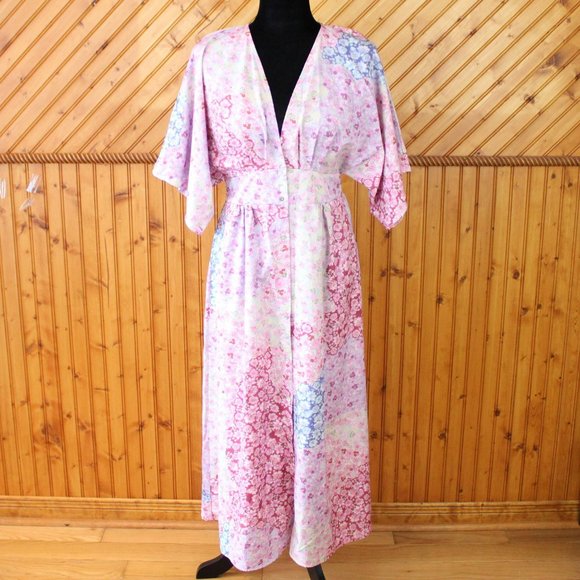 Forest Lily Floral Maxi Dress Patchwork Button Up Short Kimono Sleeve Small D70 - Picture 2 of 11